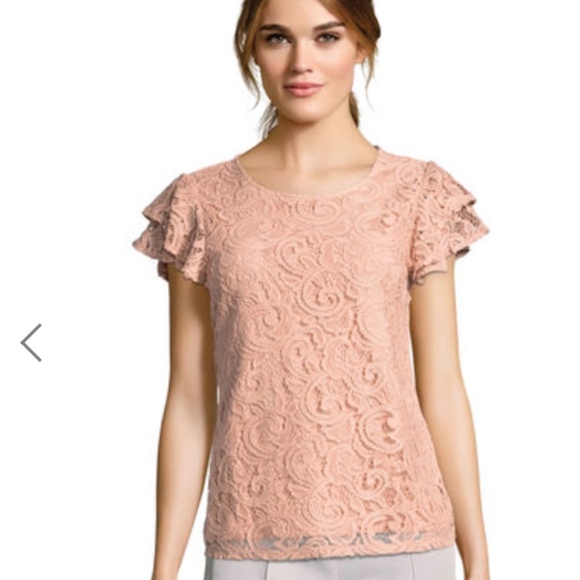 NWT! ADRIANNA PAPELL ROSEY RUFFLE SLV LACE TOP MED - Picture 2 of 8